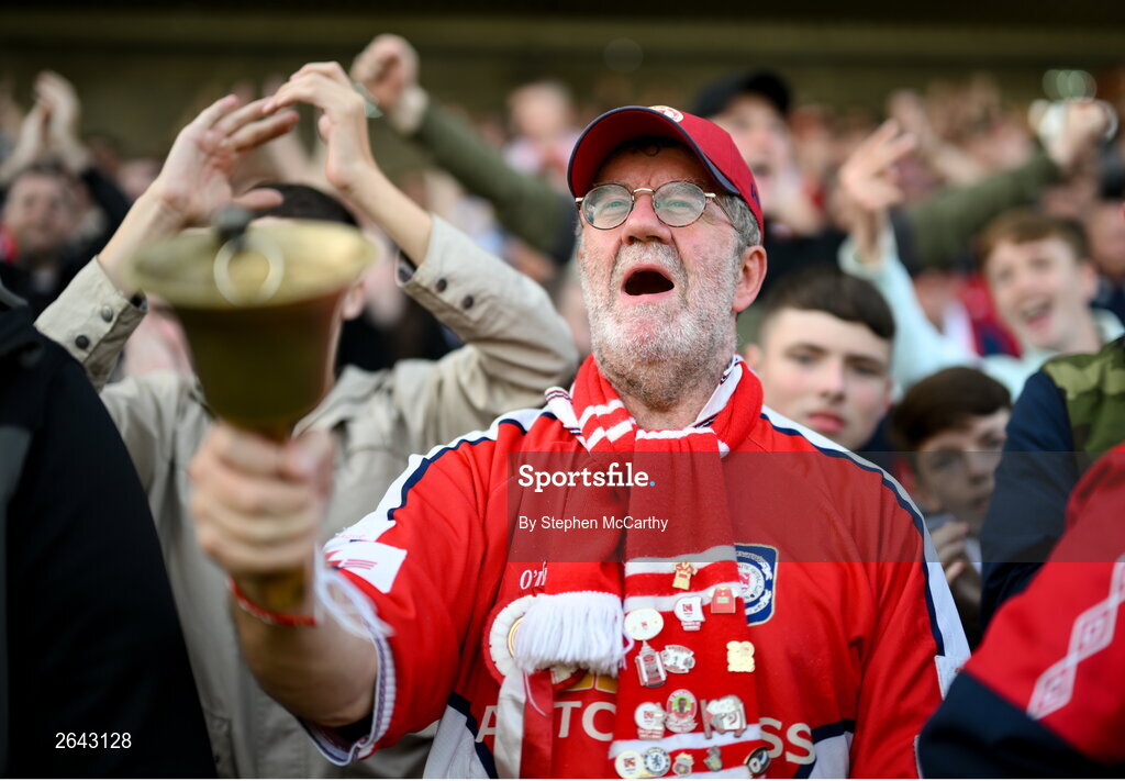 8 October 2023; St Patrick's Athletic supporter Brian Manning celebrates his side's victory after the Sports Direct Men’s FAI Cup semi-final match between Cork City and St Patrick's Athletic at Turner’s Cross in Cork. Photo by Stephen McCarthy/Sportsfile