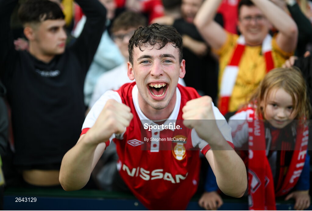 8 October 2023; St Patrick's Athletic supporters celebrate after the Sports Direct Men’s FAI Cup semi-final match between Cork City and St Patrick's Athletic at Turner’s Cross in Cork. Photo by Stephen McCarthy/Sportsfile