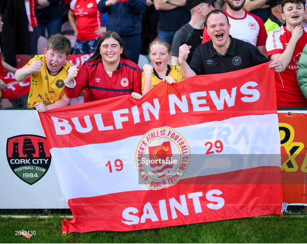 8 October 2023; St Patrick's Athletic supporters celebrate after the Sports Direct Men’s FAI Cup semi-final match between Cork City and St Patrick's Athletic at Turner’s Cross in Cork. Photo by Stephen McCarthy/Sportsfile