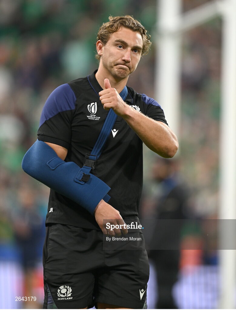 7 October 2023; Injured Scotland captain Jamie Ritchie after the 2023 Rugby World Cup Pool B match between Ireland and Scotland at the Stade de France in Paris, France. Photo by Brendan Moran/Sportsfile