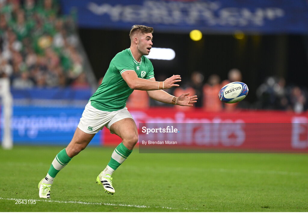 7 October 2023; Jack Crowley of Ireland during the 2023 Rugby World Cup Pool B match between Ireland and Scotland at the Stade de France in Paris, France. Photo by Brendan Moran/Sportsfile