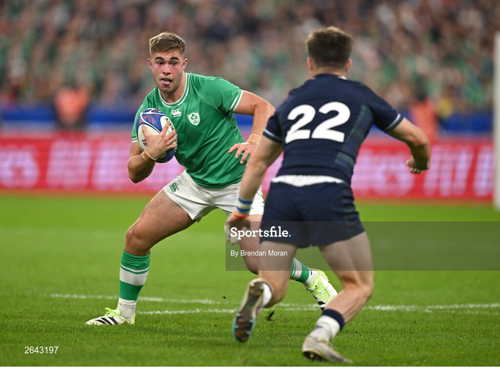 7 October 2023; Jack Crowley of Ireland in action against George Horne of Scotland during the 2023 Rugby World Cup Pool B match between Ireland and Scotland at the Stade de France in Paris, France. Photo by Brendan Moran/Sportsfile