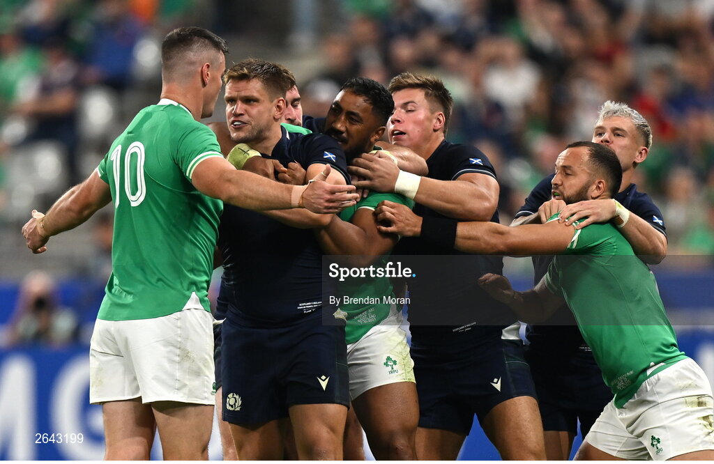 7 October 2023; George Turner of Scotland gets into a tussle with Jonathan Sexton of Ireland during the 2023 Rugby World Cup Pool B match between Ireland and Scotland at the Stade de France in Paris, France. Photo by Brendan Moran/Sportsfile