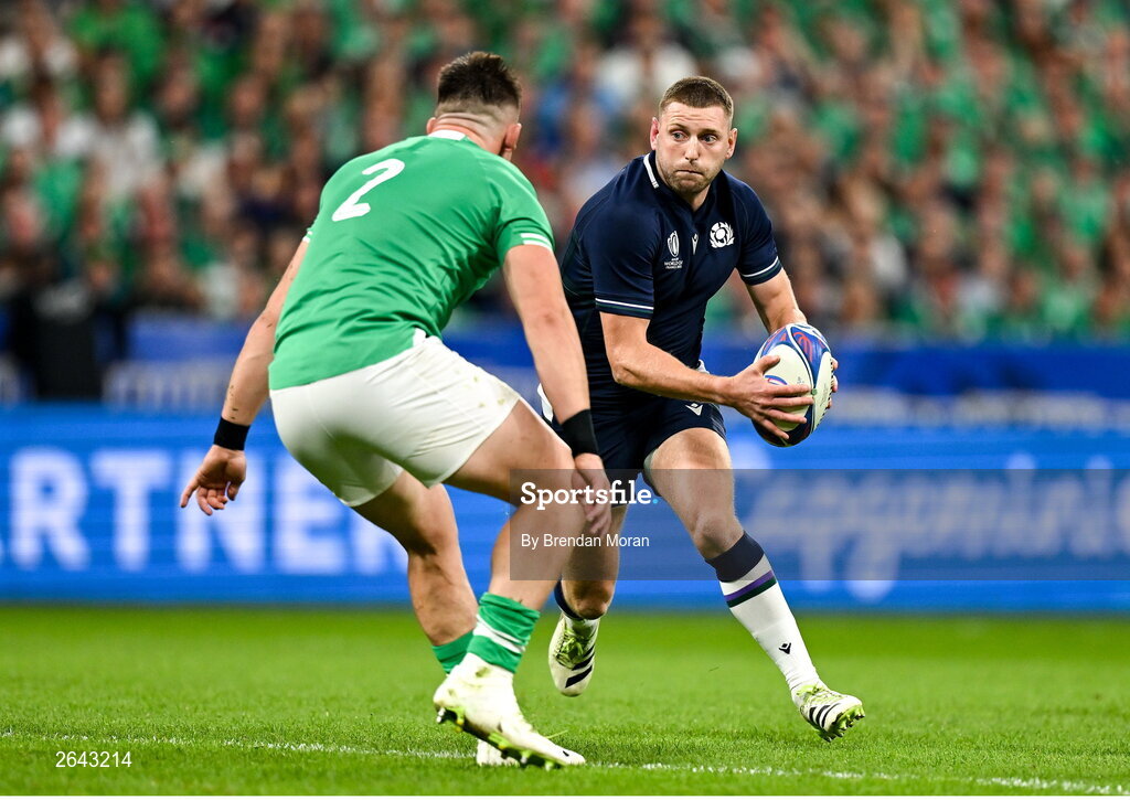 7 October 2023; Finn Russell of Scotland in action against Dan Sheehan of Ireland during the 2023 Rugby World Cup Pool B match between Ireland and Scotland at the Stade de France in Paris, France. Photo by Brendan Moran/Sportsfile