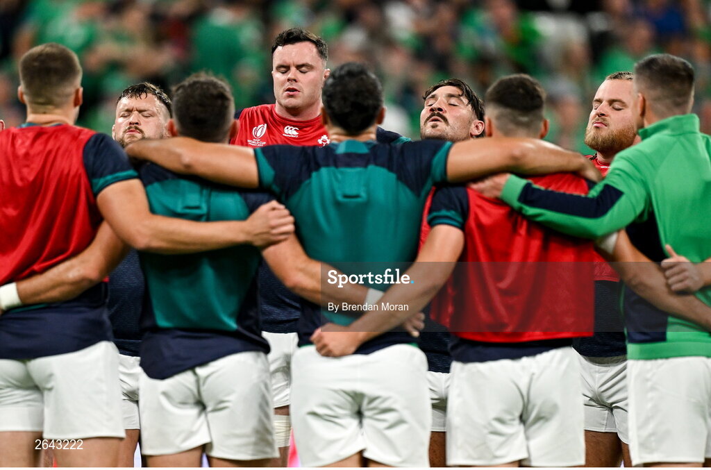7 October 2023; Ireland players, from left, Andrew Porter, James Ryan, Tom O’Toole and Finlay Bealham takes a breath before the 2023 Rugby World Cup Pool B match between Ireland and Scotland at the Stade de France in Paris, France. Photo by Brendan Moran/Sportsfile