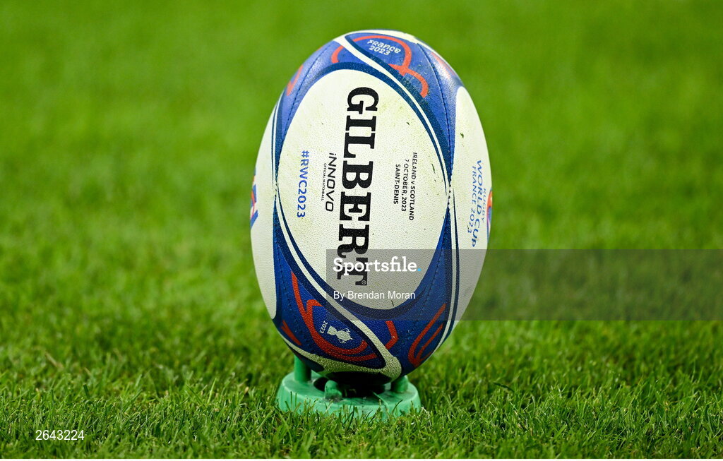 7 October 2023; A general view of an official match ball during the 2023 Rugby World Cup Pool B match between Ireland and Scotland at the Stade de France in Paris, France. Photo by Brendan Moran/Sportsfile
