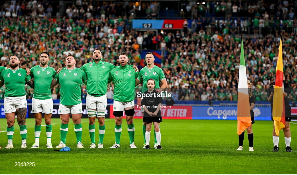 7 October 2023; Ireland players, from left, Andrew Porter, Conor Murray, Tadhg Furlong, Tadhg Beirne, Peter O’Mahony and captain Jonathan Sexton stand for the national anthem before the 2023 Rugby World Cup Pool B match between Ireland and Scotland at the Stade de France in Paris, France. Photo by Brendan Moran/Sportsfile
