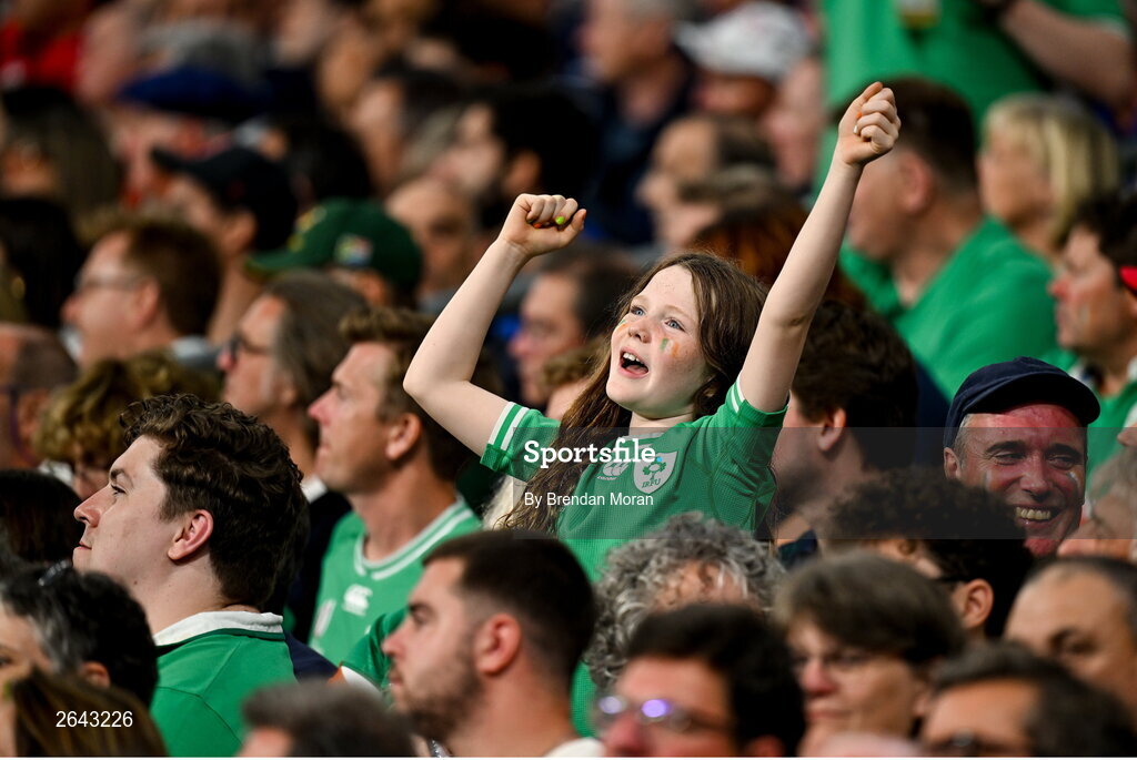 7 October 2023; An Ireland supporter during the 2023 Rugby World Cup Pool B match between Ireland and Scotland at the Stade de France in Paris, France. Photo by Brendan Moran/Sportsfile