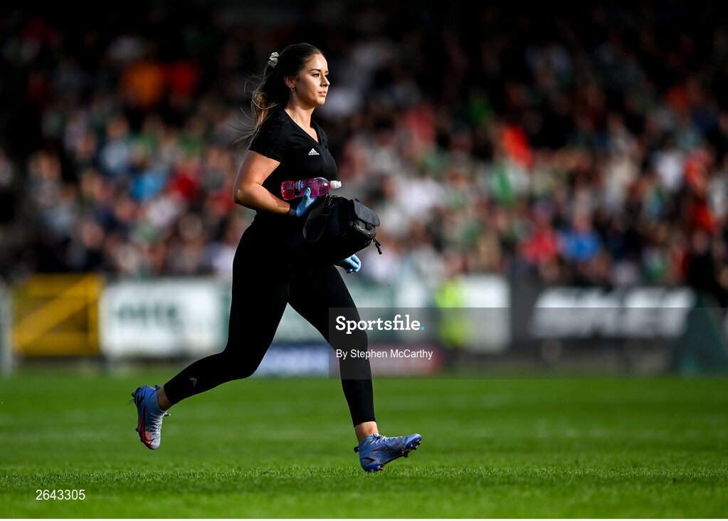 8 October 2023; Cork City physiotherapist Orla McSweeney during the Sports Direct Men’s FAI Cup semi-final match between Cork City and St Patrick's Athletic at Turner’s Cross in Cork. Photo by Stephen McCarthy/Sportsfile