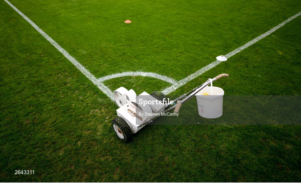 8 October 2023; A pitch marker before the Sports Direct Men’s FAI Cup semi-final match between Cork City and St Patrick's Athletic at Turner’s Cross in Cork. Photo by Stephen McCarthy/Sportsfile