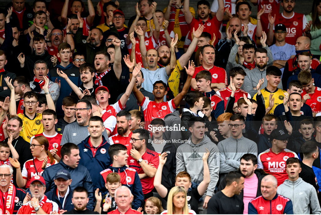 8 October 2023; St Patrick's Athletic supporters before the Sports Direct Men’s FAI Cup semi-final match between Cork City and St Patrick's Athletic at Turner’s Cross in Cork. Photo by Stephen McCarthy/Sportsfile