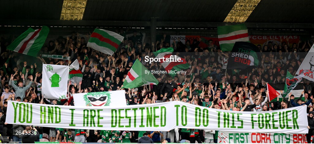 8 October 2023; Cork City supporters before the Sports Direct Men’s FAI Cup semi-final match between Cork City and St Patrick's Athletic at Turner’s Cross in Cork. Photo by Stephen McCarthy/Sportsfile
