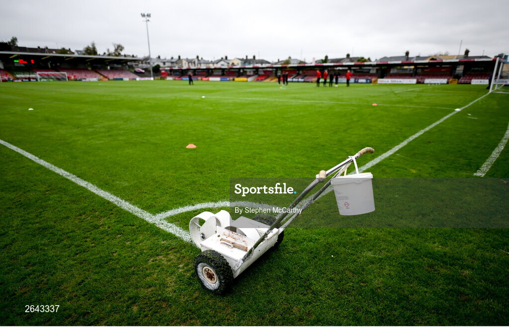 8 October 2023; A pitch marker before the Sports Direct Men’s FAI Cup semi-final match between Cork City and St Patrick's Athletic at Turner’s Cross in Cork. Photo by Stephen McCarthy/Sportsfile