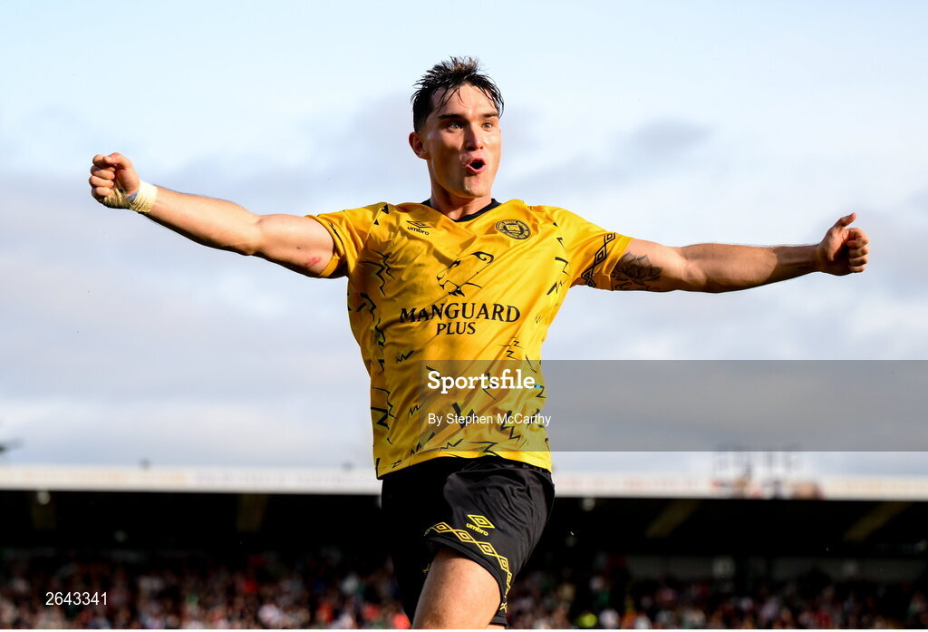 8 October 2023; Anto Breslin of St Patrick's Athletic celebrates his side's second goal during the Sports Direct Men’s FAI Cup semi-final match between Cork City and St Patrick's Athletic at Turner’s Cross in Cork. Photo by Stephen McCarthy/Sportsfile