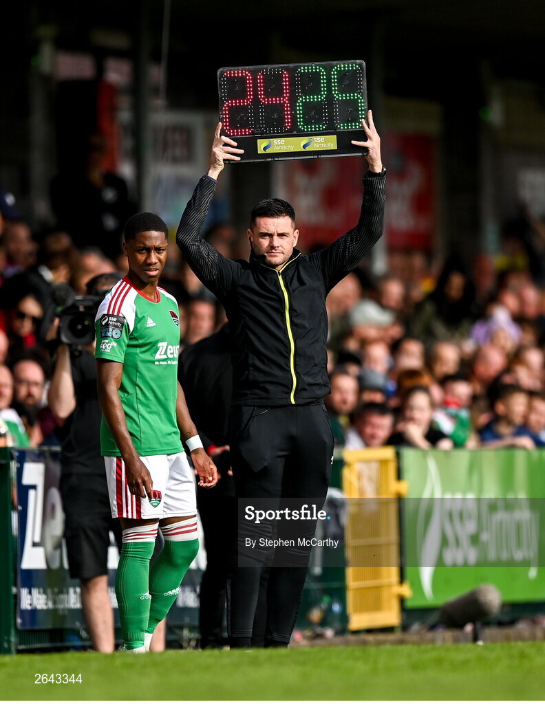 8 October 2023; Fourth official Rob Hennessy singals for a Cork City substitution to introduce Malik Dijksteel during the Sports Direct Men’s FAI Cup semi-final match between Cork City and St Patrick's Athletic at Turner’s Cross in Cork. Photo by Stephen McCarthy/Sportsfile