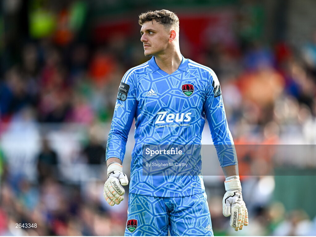 8 October 2023; Cork City goalkeeper Ollie Byrne during the Sports Direct Men’s FAI Cup semi-final match between Cork City and St Patrick's Athletic at Turner’s Cross in Cork. Photo by Stephen McCarthy/Sportsfile