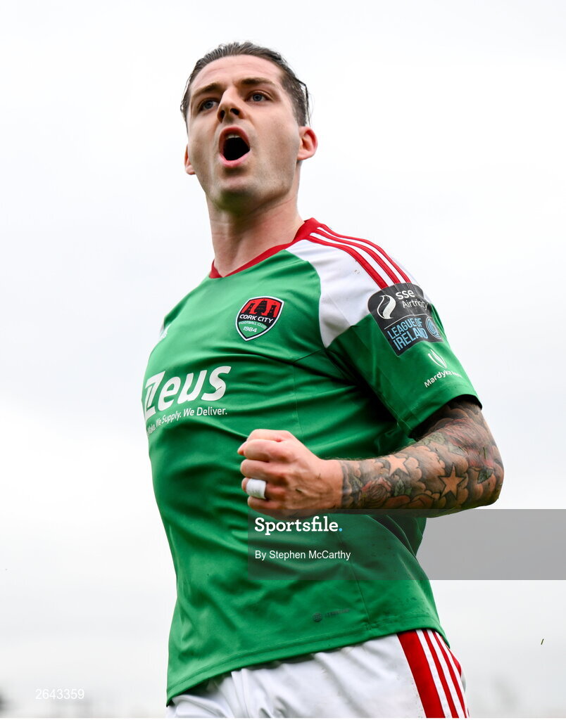 8 October 2023; Ruairi Keating of Cork City encourages his side's supporters during the Sports Direct Men’s FAI Cup semi-final match between Cork City and St Patrick's Athletic at Turner’s Cross in Cork. Photo by Stephen McCarthy/Sportsfile