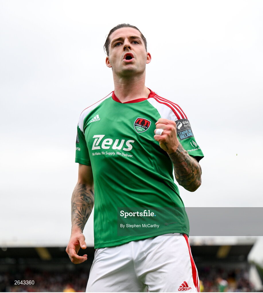 8 October 2023; Ruairi Keating of Cork City encourages his side's supporters during the Sports Direct Men’s FAI Cup semi-final match between Cork City and St Patrick's Athletic at Turner’s Cross in Cork. Photo by Stephen McCarthy/Sportsfile