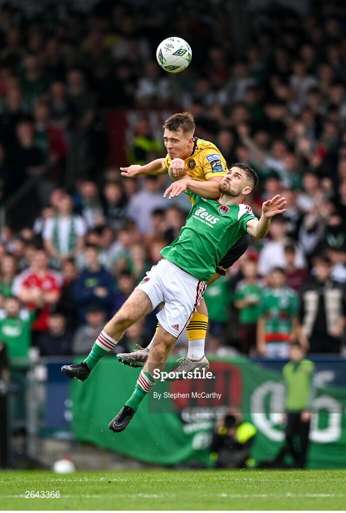 8 October 2023; Tommy Lonergan of St Patrick's Athletic in action against Aaron Bolger of Cork City during the Sports Direct Men’s FAI Cup semi-final match between Cork City and St Patrick's Athletic at Turner’s Cross in Cork. Photo by Stephen McCarthy/Sportsfile