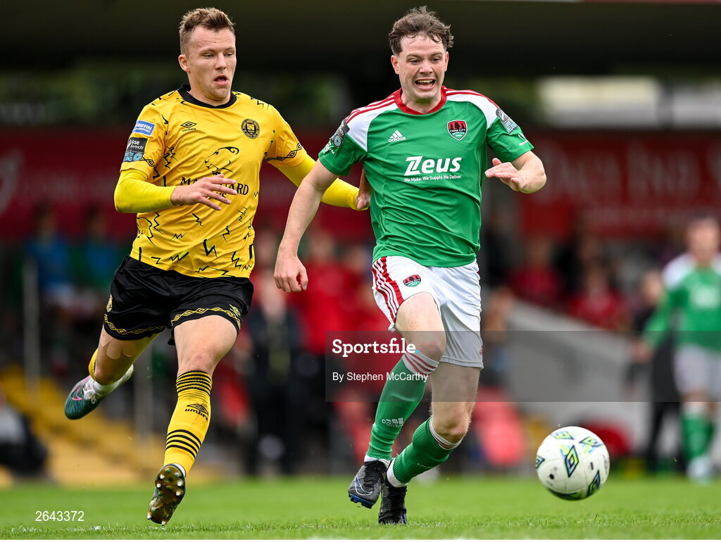 8 October 2023; Cian Murphy of Cork City and Jamie Lennon of St Patrick's Athletic during the Sports Direct Men’s FAI Cup semi-final match between Cork City and St Patrick's Athletic at Turner’s Cross in Cork. Photo by Stephen McCarthy/Sportsfile