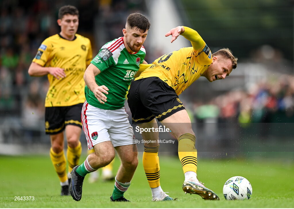 8 October 2023; Jamie Lennon of St Patrick's Athletic in action against Aaron Bolger of Cork City during the Sports Direct Men’s FAI Cup semi-final match between Cork City and St Patrick's Athletic at Turner’s Cross in Cork. Photo by Stephen McCarthy/Sportsfile