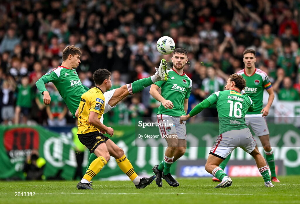 8 October 2023; Cork City players, from left, Andrii Kravchuk, Aaron Bolger, Ben Worman and Cian Coleman in action against Kian Leavy of St Patrick's Athletic during the Sports Direct Men’s FAI Cup semi-final match between Cork City and St Patrick's Athletic at Turner’s Cross in Cork. Photo by Stephen McCarthy/Sportsfile