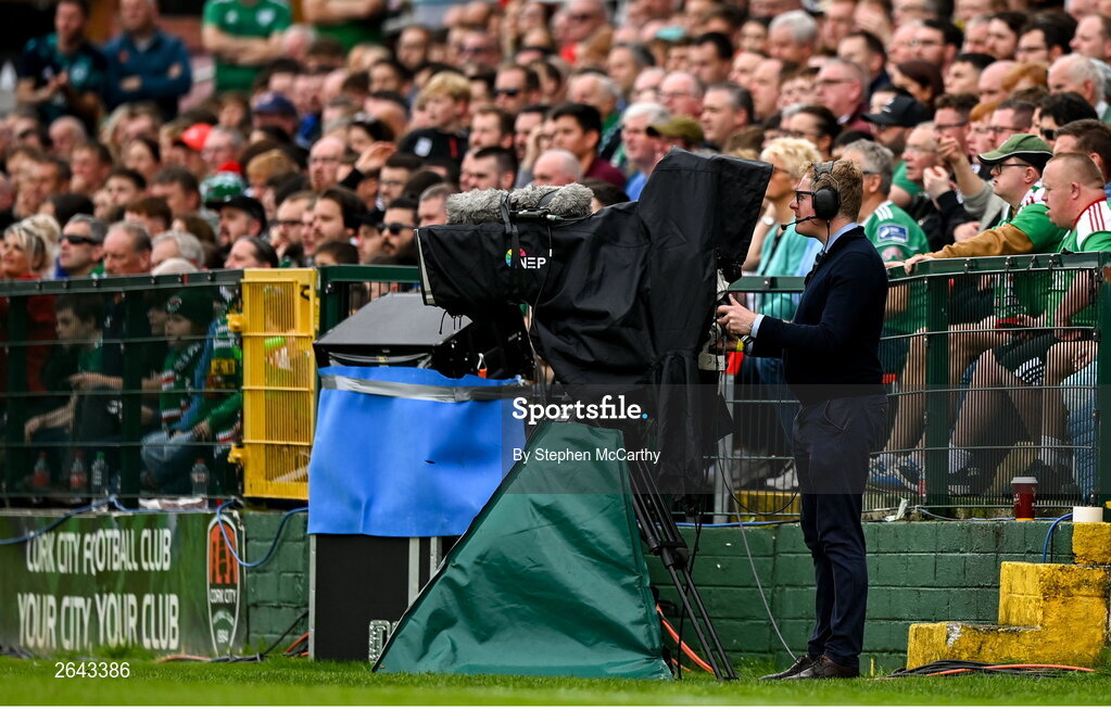 8 October 2023; A camera operator and broadcast camera during the Sports Direct Men’s FAI Cup semi-final match between Cork City and St Patrick's Athletic at Turner’s Cross in Cork. Photo by Stephen McCarthy/Sportsfile