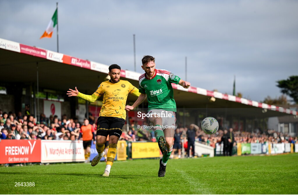 8 October 2023; Conor Drinan of Cork City in action against Jake Mulraney of St Patrick's Athletic during the Sports Direct Men’s FAI Cup semi-final match between Cork City and St Patrick's Athletic at Turner’s Cross in Cork. Photo by Stephen McCarthy/Sportsfile