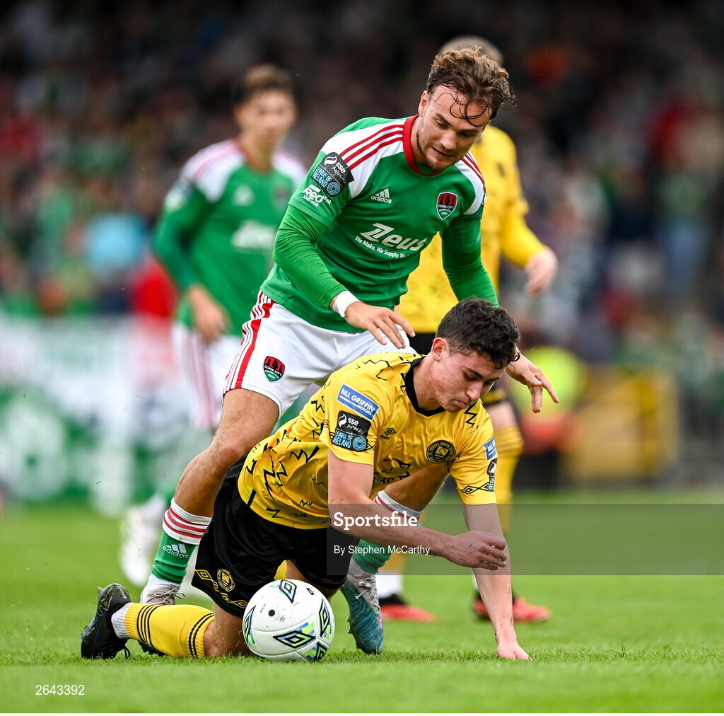 8 October 2023; Kian Leavy of St Patrick's Athletic and Ben Worman of Cork City during the Sports Direct Men’s FAI Cup semi-final match between Cork City and St Patrick's Athletic at Turner’s Cross in Cork. Photo by Stephen McCarthy/Sportsfile