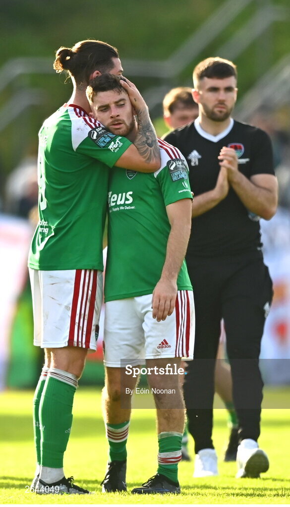 8 October 2023; Ruairi Keating of Cork City, left, with team-mate Aaron Bolger after the Sports Direct Men’s FAI Cup semi-final match between Cork City and St Patrick's Athletic at Turner’s Cross in Cork. Photo by Eóin Noonan/Sportsfile