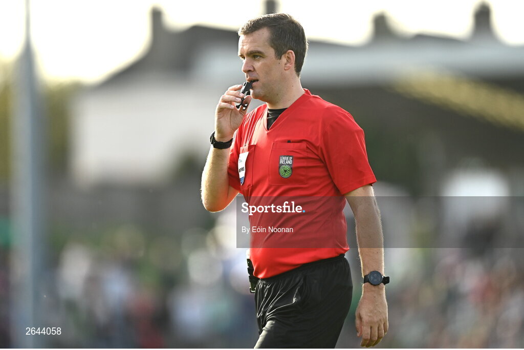8 October 2023; Referee Rob Harvey during the Sports Direct Men’s FAI Cup semi-final match between Cork City and St Patrick's Athletic at Turner’s Cross in Cork. Photo by Eóin Noonan/Sportsfile