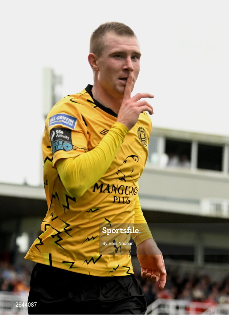 8 October 2023; Mark Doyle of St Patrick's Athletic celebrates after scoring his side's first goal during the Sports Direct Men’s FAI Cup semi-final match between Cork City and St Patrick's Athletic at Turner’s Cross in Cork. Photo by Eóin Noonan/Sportsfile
