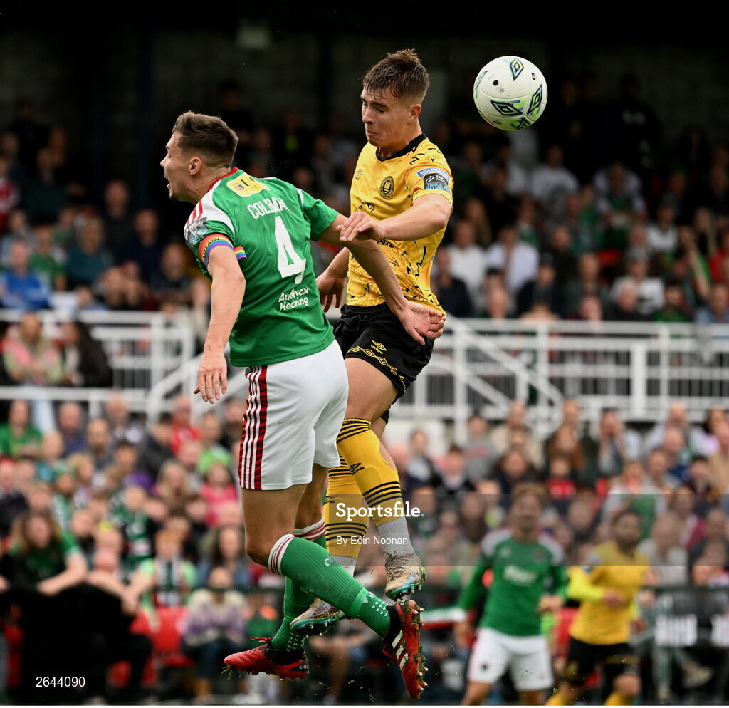 8 October 2023; Tommy Lonergan of St Patrick's Athletic in action against Cian Coleman of Cork City during the Sports Direct Men’s FAI Cup semi-final match between Cork City and St Patrick's Athletic at Turner’s Cross in Cork. Photo by Eóin Noonan/Sportsfile