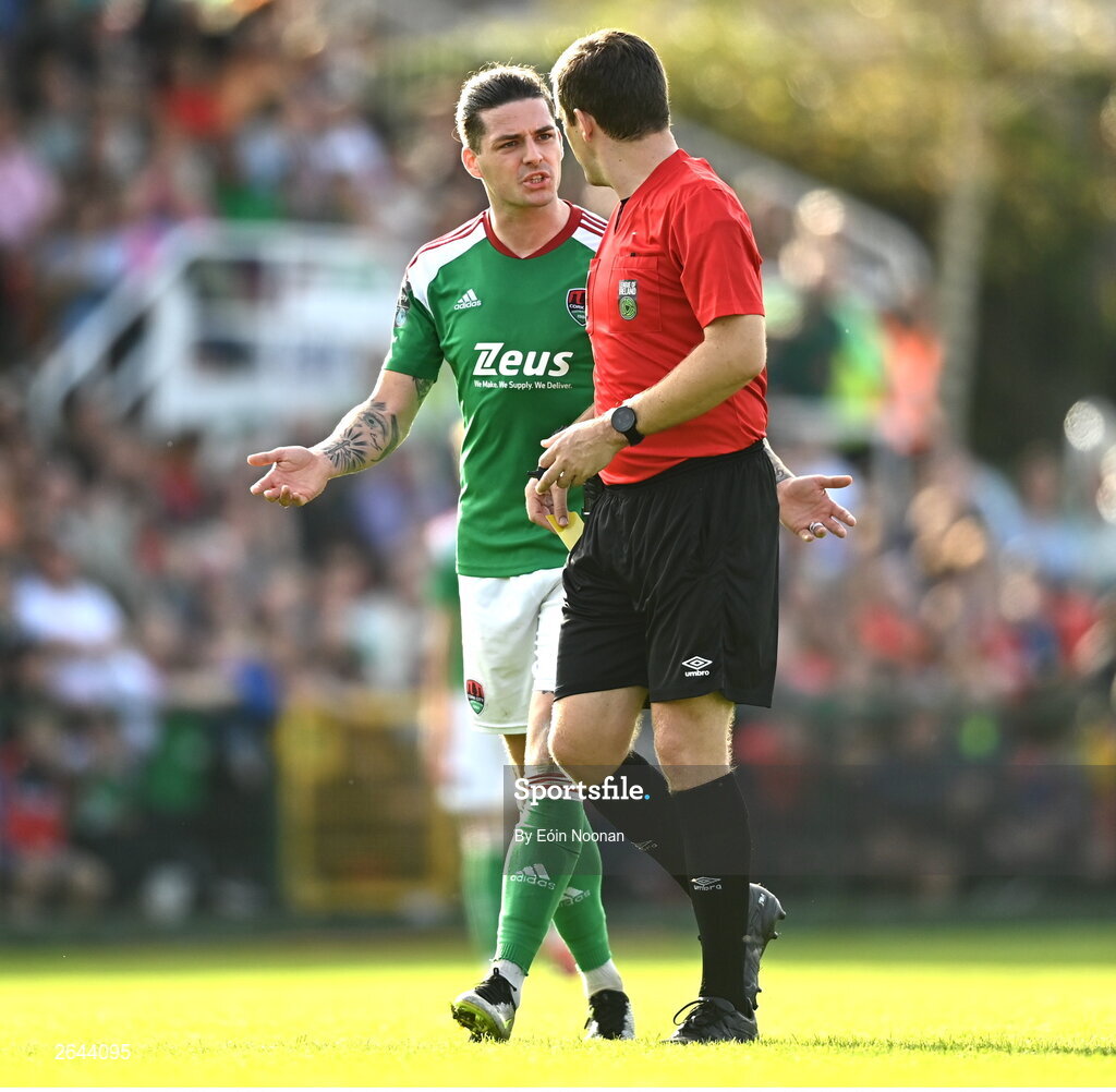 8 October 2023; Ruairi Keating of Cork City protests to referee Rob Harvey during the Sports Direct Men’s FAI Cup semi-final match between Cork City and St Patrick's Athletic at Turner’s Cross in Cork. Photo by Eóin Noonan/Sportsfile