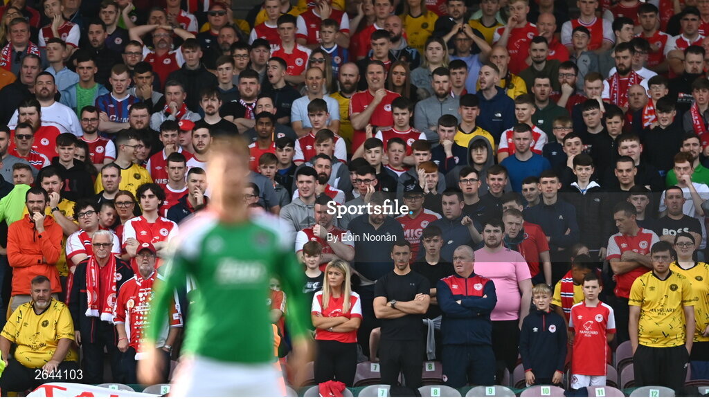 8 October 2023; St Patrick's Athletic supporters during the Sports Direct Men’s FAI Cup semi-final match between Cork City and St Patrick's Athletic at Turner’s Cross in Cork. Photo by Eóin Noonan/Sportsfile