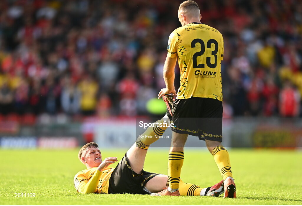 8 October 2023; Chris Forrester of St Patrick's Athletic with team-mate Ryan McLoughlin during the Sports Direct Men’s FAI Cup semi-final match between Cork City and St Patrick's Athletic at Turner’s Cross in Cork. Photo by Eóin Noonan/Sportsfile