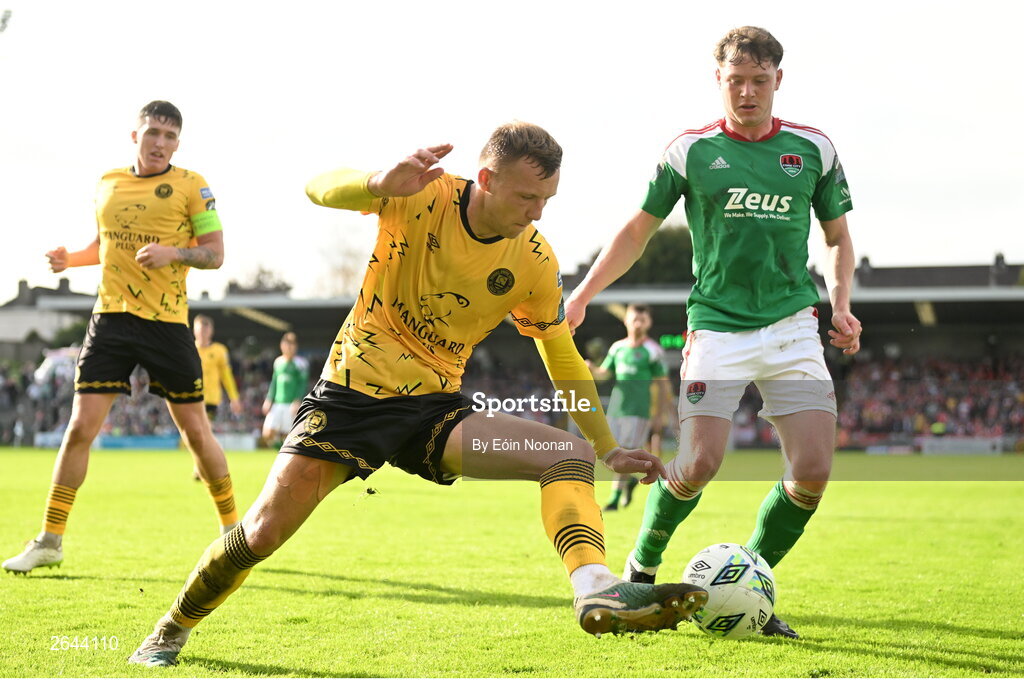 8 October 2023; Jamie Lennon of St Patrick's Athletic in action against Cian Murphy of Cork City during the Sports Direct Men’s FAI Cup semi-final match between Cork City and St Patrick's Athletic at Turner’s Cross in Cork. Photo by Eóin Noonan/Sportsfile