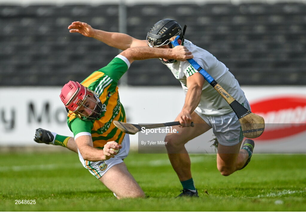 15 October 2023; Nicky Cleere of Bennettsbridge is tackled by Mikey Butler of O'Loughlin Gaels during the Kilkenny County Senior Club Hurling Championship semi-final match between O'Loughlin Gaels and Bennettsbridge at UPMC Nowlan Park in Kilkenny. Photo by Tyler Miller/Sportsfile