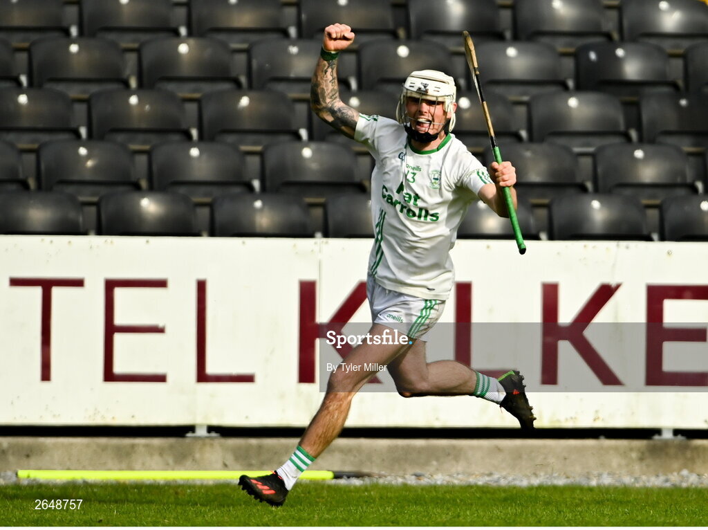 15 October 2023; Owen Wall of O'Loughlin Gaels celebrates after scoring his side's third and winning goal during the Kilkenny County Senior Club Hurling Championship semi-final match between O'Loughlin Gaels and Bennettsbridge at UPMC Nowlan Park in Kilkenny. Photo by Tyler Miller/Sportsfile