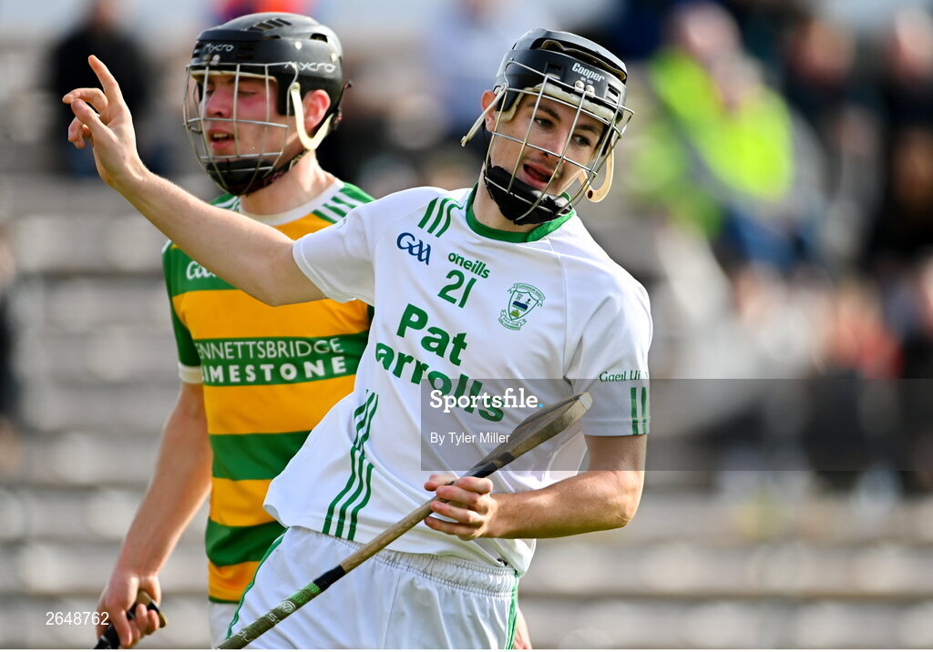 15 October 2023; Conor Kelly of O'Loughlin Gaels celebrates after scoring his side's second goal during the Kilkenny County Senior Club Hurling Championship semi-final match between O'Loughlin Gaels and Bennettsbridge at UPMC Nowlan Park in Kilkenny. Photo by Tyler Miller/Sportsfile