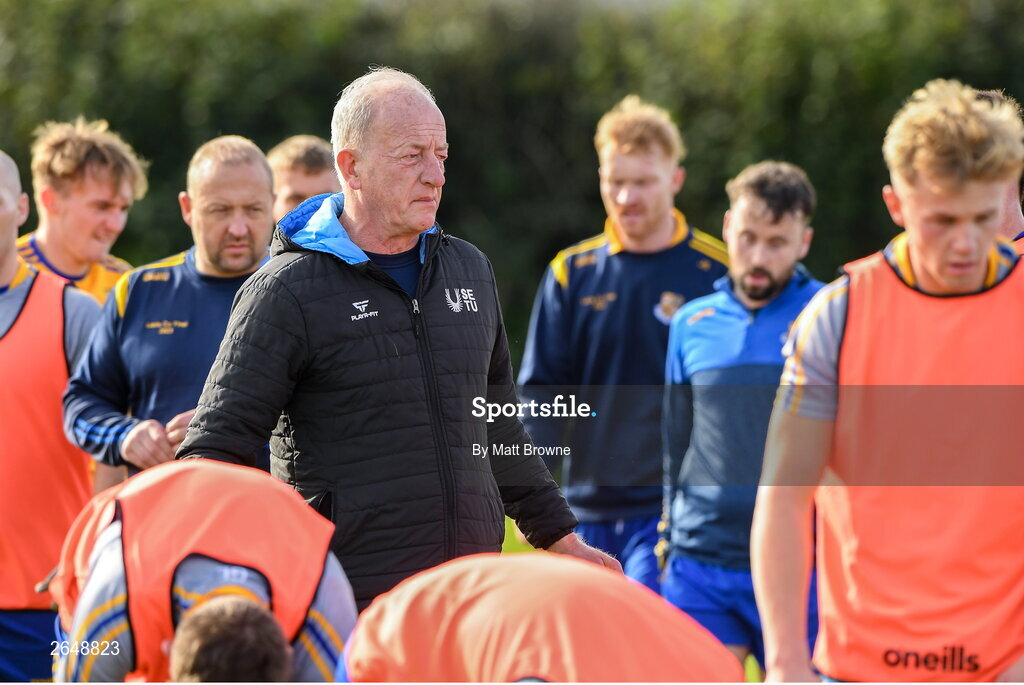 15 October 2023; St Joseph's manager Mick Dempsey with his players before the Laois County Senior Club Football Championship final match between St Joseph's and Portlaoise at Laois Hire O'Moore Park in Portlaoise, Laois. Photo by Matt Browne/Sportsfile