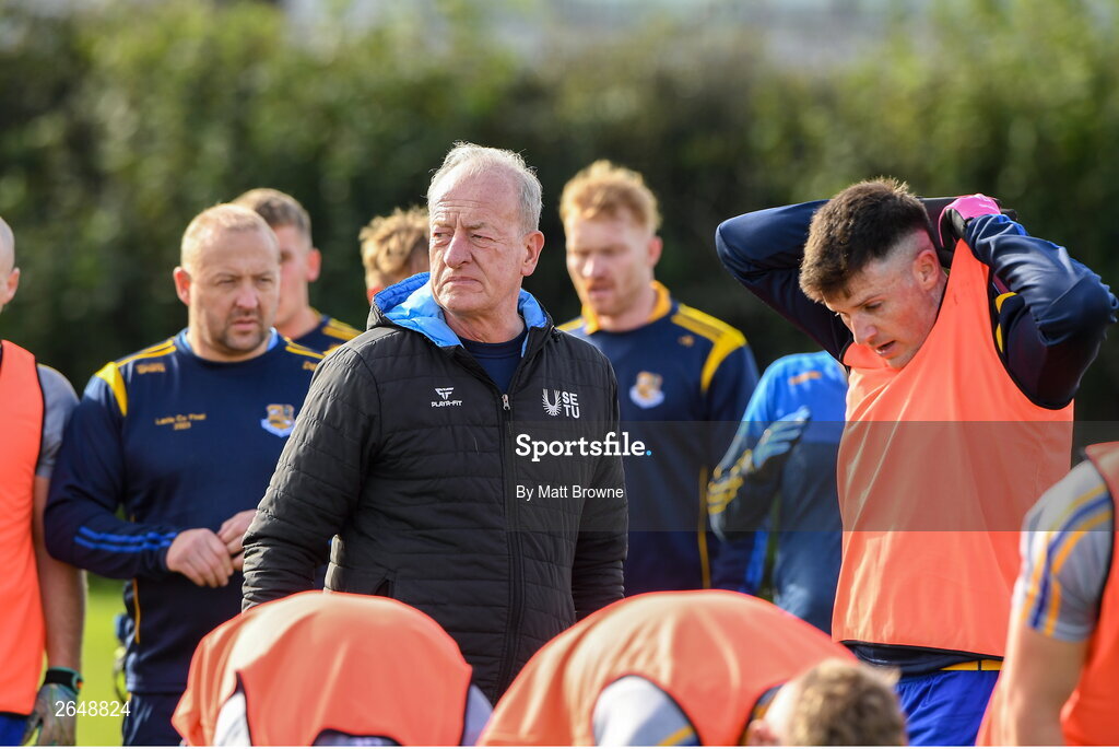 15 October 2023; St Joseph's manager Mick Dempsey with his players before the Laois County Senior Club Football Championship final match between St Joseph's and Portlaoise at Laois Hire O'Moore Park in Portlaoise, Laois. Photo by Matt Browne/Sportsfile