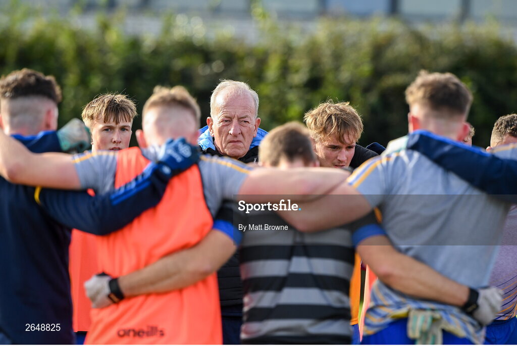 15 October 2023; St Joseph's manager Mick Dempsey with his players before the Laois County Senior Club Football Championship final match between St Joseph's and Portlaoise at Laois Hire O'Moore Park in Portlaoise, Laois. Photo by Matt Browne/Sportsfile
