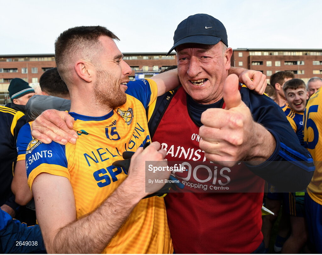 15 October 2023; St Joseph's manager Mick Dempsey celebrates with Michael Keogh after the Laois County Senior Club Football Championship final match between St Joseph's and Portlaoise at Laois Hire O'Moore Park in Portlaoise, Laois. Photo by Matt Browne/Sportsfile