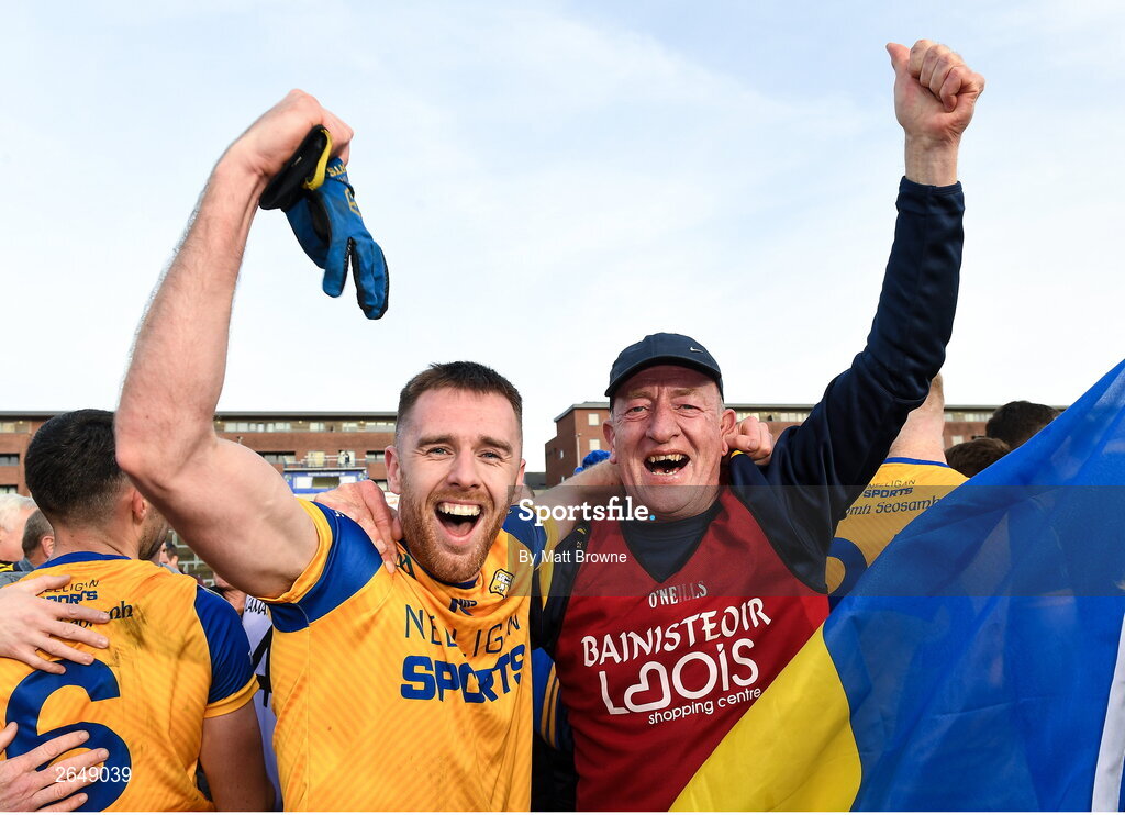 15 October 2023; St Joseph's manager Mick Dempsey celebrates with Michael Keogh after the Laois County Senior Club Football Championship final match between St Joseph's and Portlaoise at Laois Hire O'Moore Park in Portlaoise, Laois. Photo by Matt Browne/Sportsfile