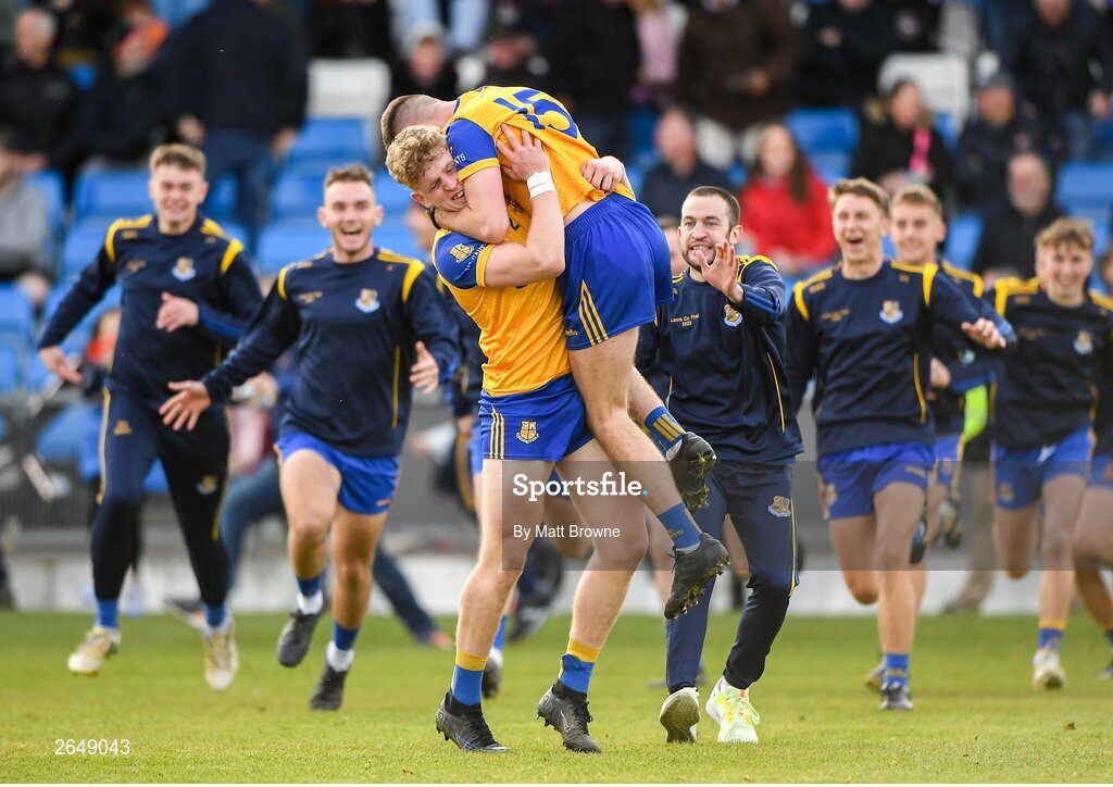 15 October 2023; Cormac Murphy and Michael Keogh of St Joseph's celebrate the final whistle after the Laois County Senior Club Football Championship final match between St Joseph's and Portlaoise at Laois Hire O'Moore Park in Portlaoise, Laois. Photo by Matt Browne/Sportsfile