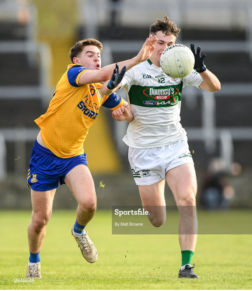 15 October 2023; Conor Raggett of Portlaoise in action against Oisin Hooney of St Joseph's during the Laois County Senior Club Football Championship final match between St Joseph's and Portlaoise at Laois Hire O'Moore Park in Portlaoise, Laois. Photo by Matt Browne/Sportsfile