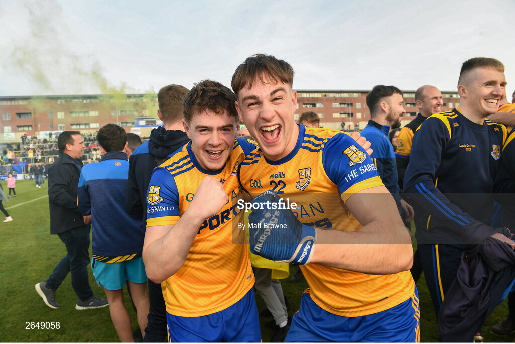 15 October 2023; Oisin Hooney and Jamie Kelly of St Joseph's celebrate after the Laois County Senior Club Football Championship final match between St Joseph's and Portlaoise at Laois Hire O'Moore Park in Portlaoise, Laois. Photo by Matt Browne/Sportsfile