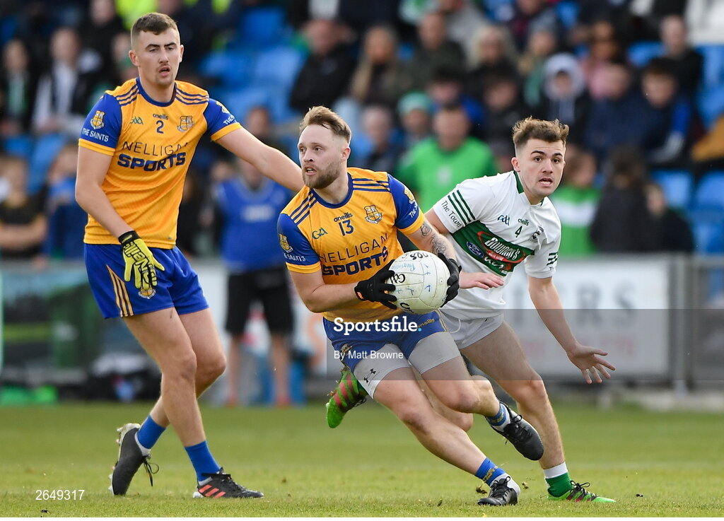 15 October 2023; Dylan Doyle of St Joseph's in action against Michael Dowling of Portlaoise during the Laois County Senior Club Football Championship final match between St Joseph's and Portlaoise at Laois Hire O'Moore Park in Portlaoise, Laois. Photo by Matt Browne/Sportsfile