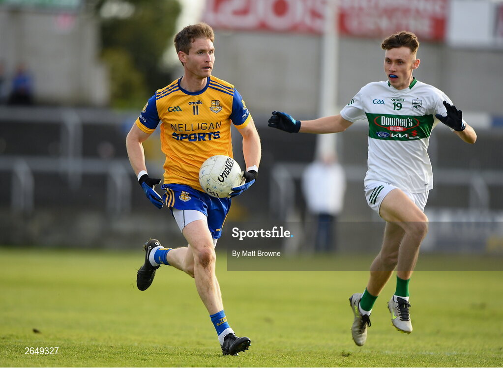 15 October 2023; Eoghan O'Flaherty of St Joseph's in action against Josh Hogan of Portlaoise during the Laois County Senior Club Football Championship final match between St Joseph's and Portlaoise at Laois Hire O'Moore Park in Portlaoise, Laois. Photo by Matt Browne/Sportsfile